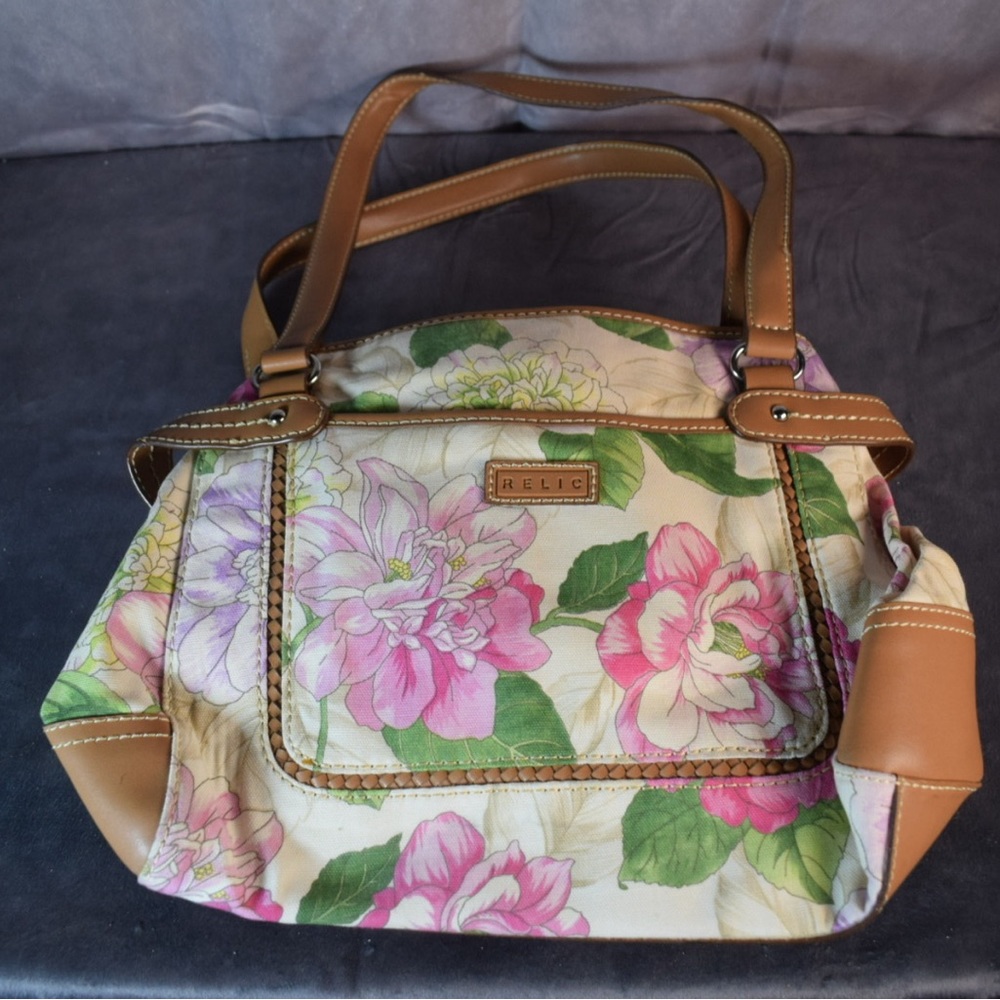 Relic Pink Floral Tan Faux Leather Trim Tote Purse Magnetic Snap Close Preowned